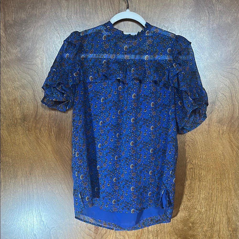 LOFT Blue Ruffled Bib Collar Blouse